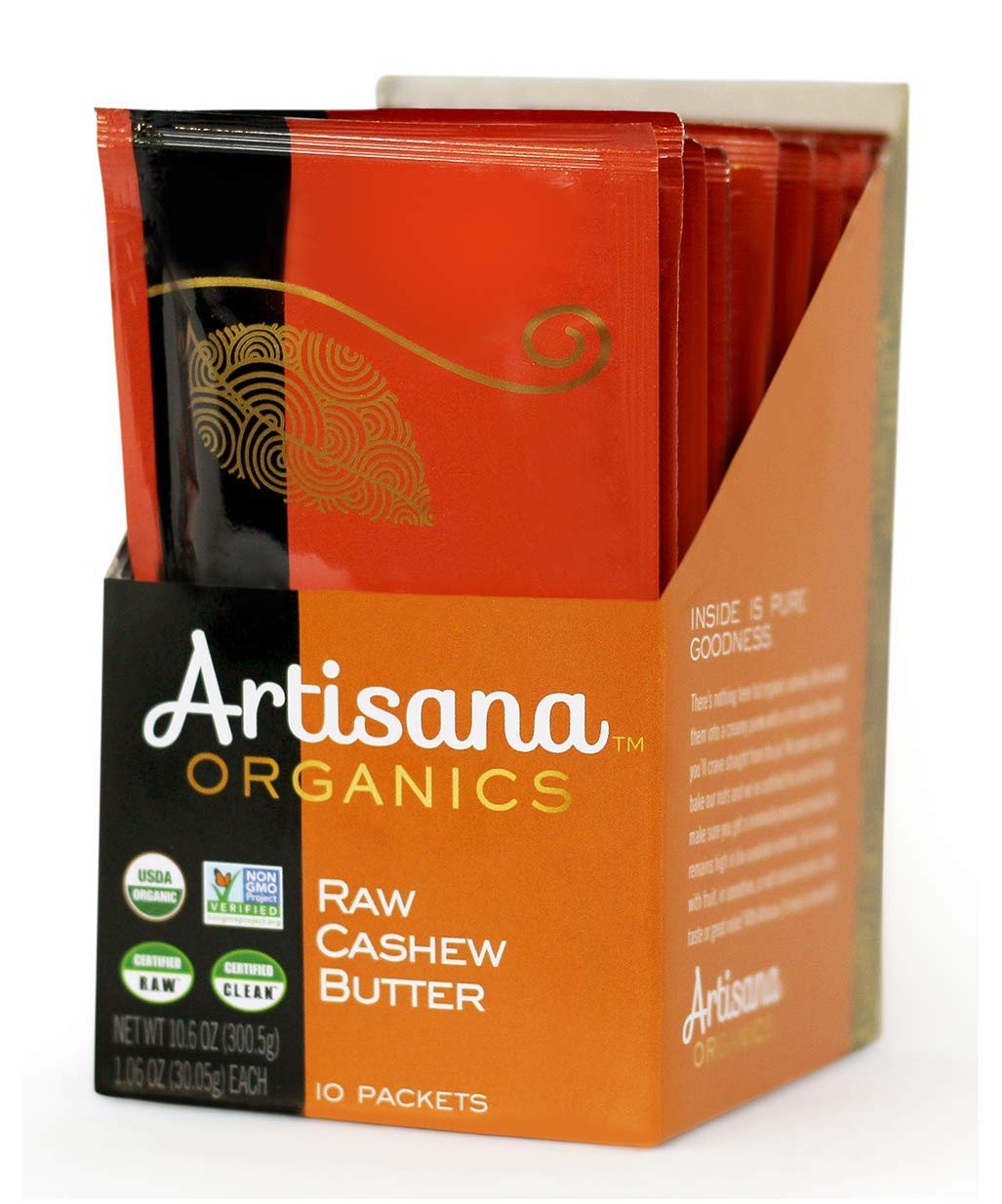 Artisana cashew butter pouch package close-up showing no sugar added