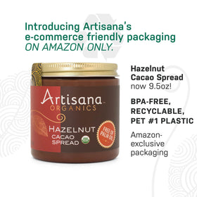 Artisana Hazelnut Cacao Spread on toast, creamy texture and cacao aroma.