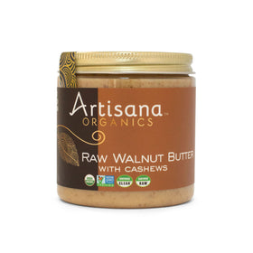 Artisana walnut butter jar front showing two-ingredient blend for clean snacking