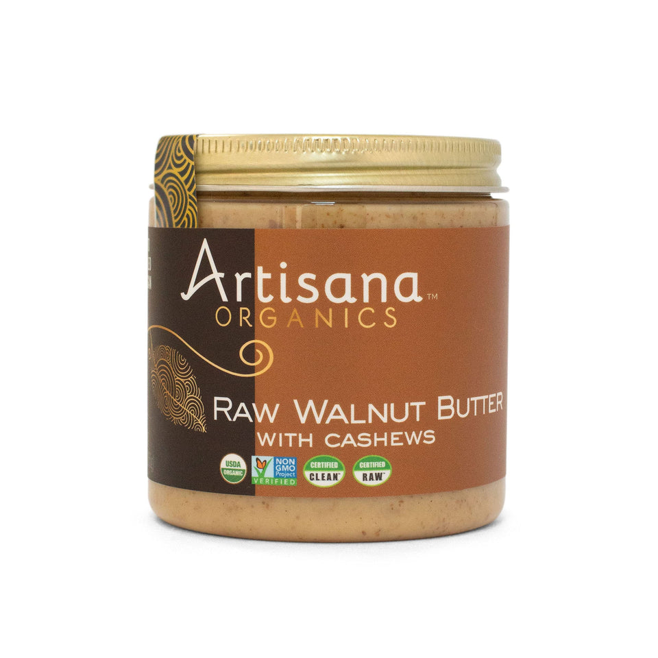 Artisana walnut butter jar front showing two-ingredient blend for clean snacking
