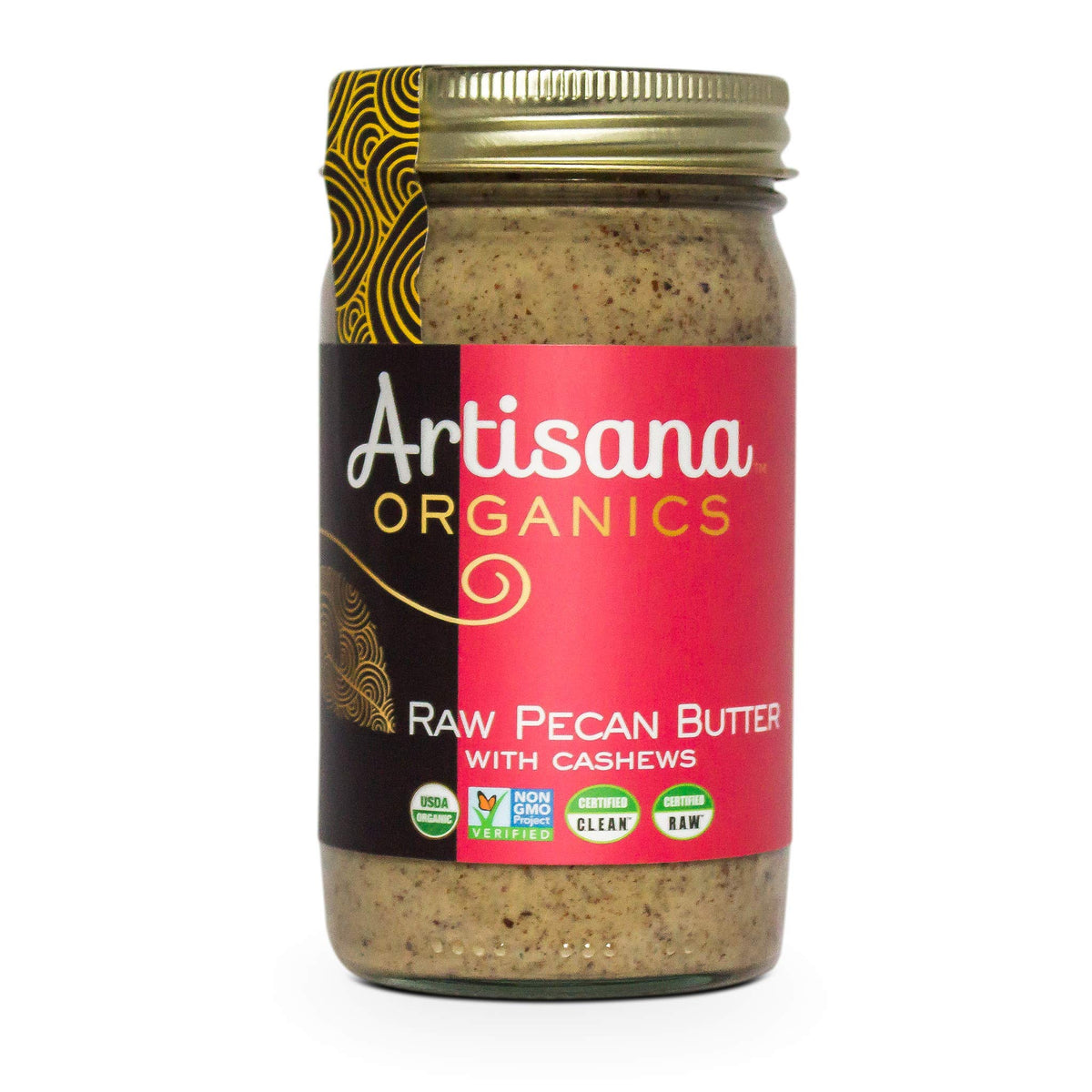 Artisana Organics Pecan Butter jar front shows two-ingredient purity for clean snacking.
