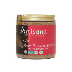 Artisana Pecan Butter jar shows pure two-ingredient spread for clean snacking.