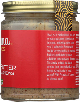 Artisana pecan butter label close-up indicating premium quality