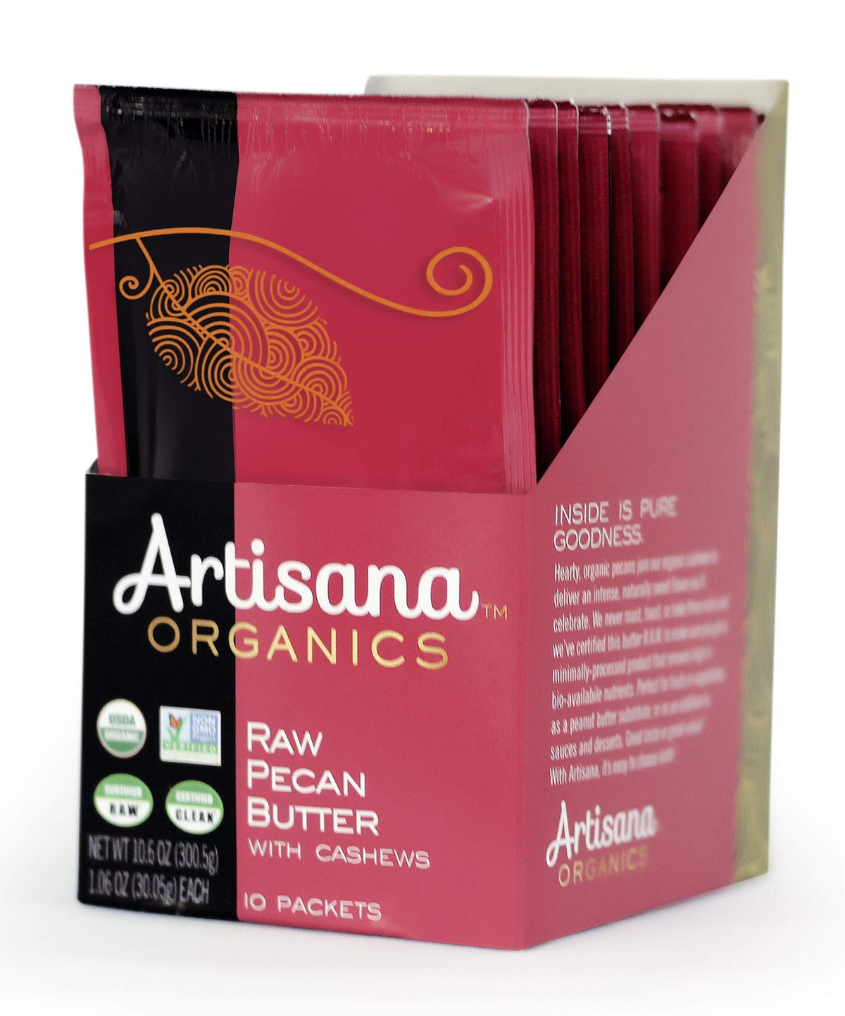 Artisana Pecan Butter jar shows creamy two-ingredient spread from raw pecans and cashews for healthy snacking.
