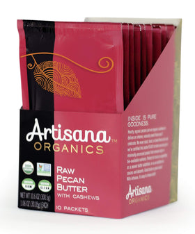 Artisana Pecan Butter jar shows creamy two-ingredient spread from raw pecans and cashews for healthy snacking.