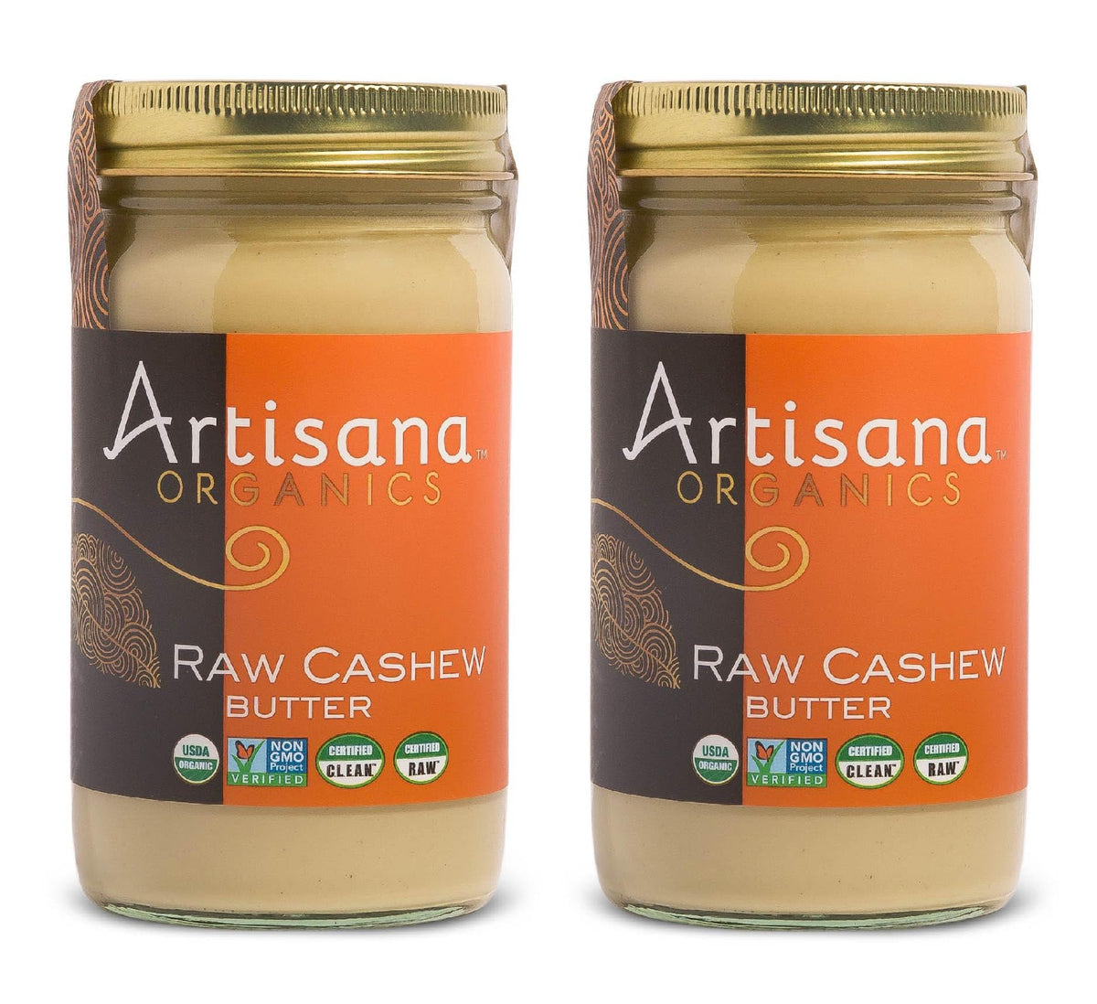 Artisana Raw Cashew Butter jar front with USDA Organic label and pure ingredient promise.