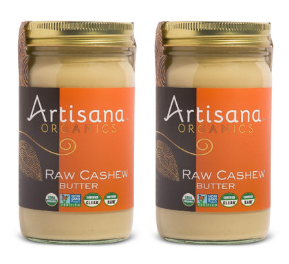 Artisana Raw Cashew Butter jar front with USDA Organic label and pure ingredient promise.
