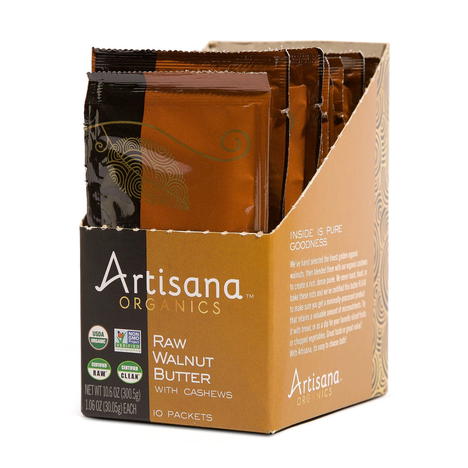 Artisana Walnut Butter in a jar with cashews, pure ingredients for a quick protein snack.