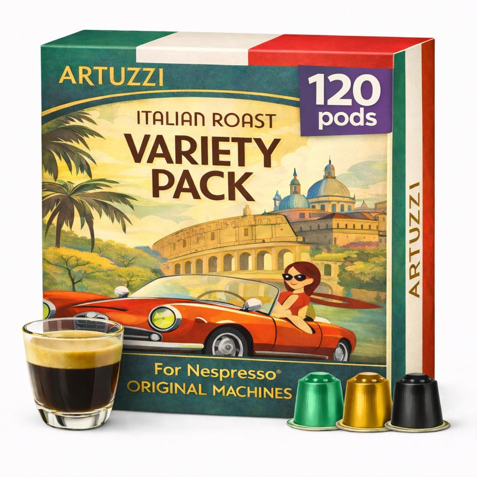 Artuzzi 120ct variety pods showcase mixed roasts for versatile home brewing.