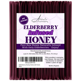 Arvoli Elderberry Honey Sticks packaging view, convenient travel straws for on-the-go sweetness.