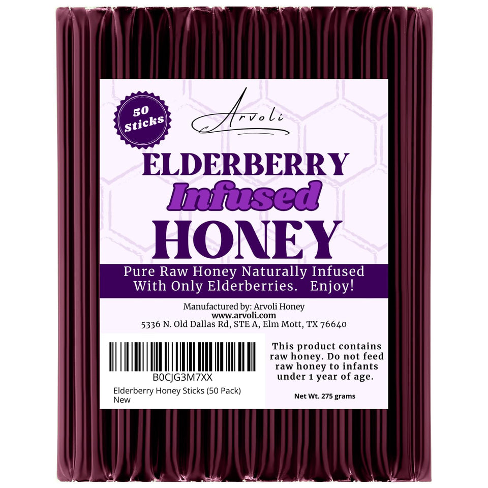 Arvoli Elderberry Honey Sticks packaging view, convenient travel straws for on-the-go sweetness.
