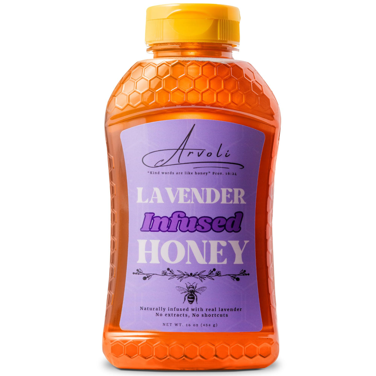 Arvoli Lavender Honey bottle front shows raw honey and lavender infusion, ideal for beverages