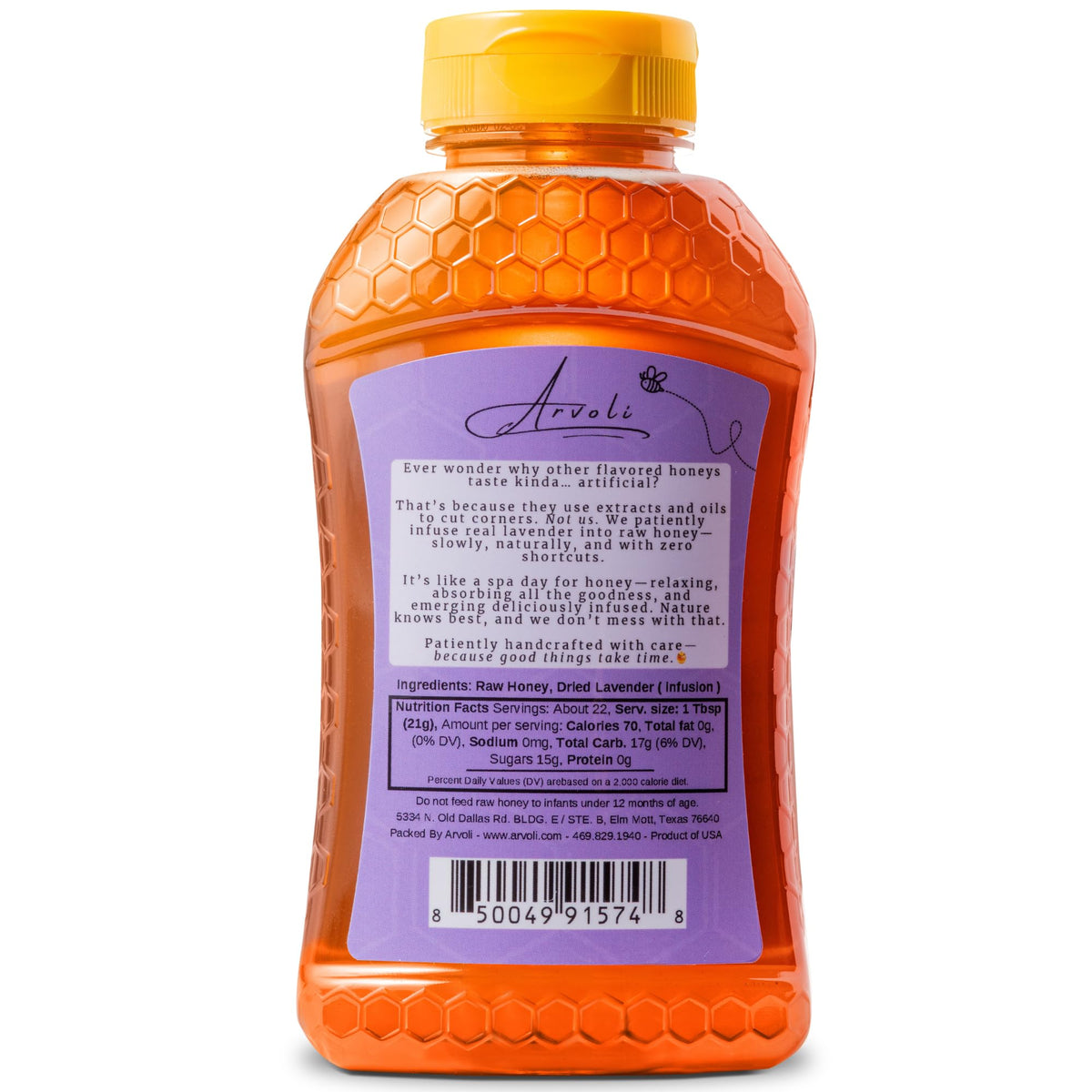 Arvoli Lavender Honey infusion closeup highlights dried lavender petals and natural aroma