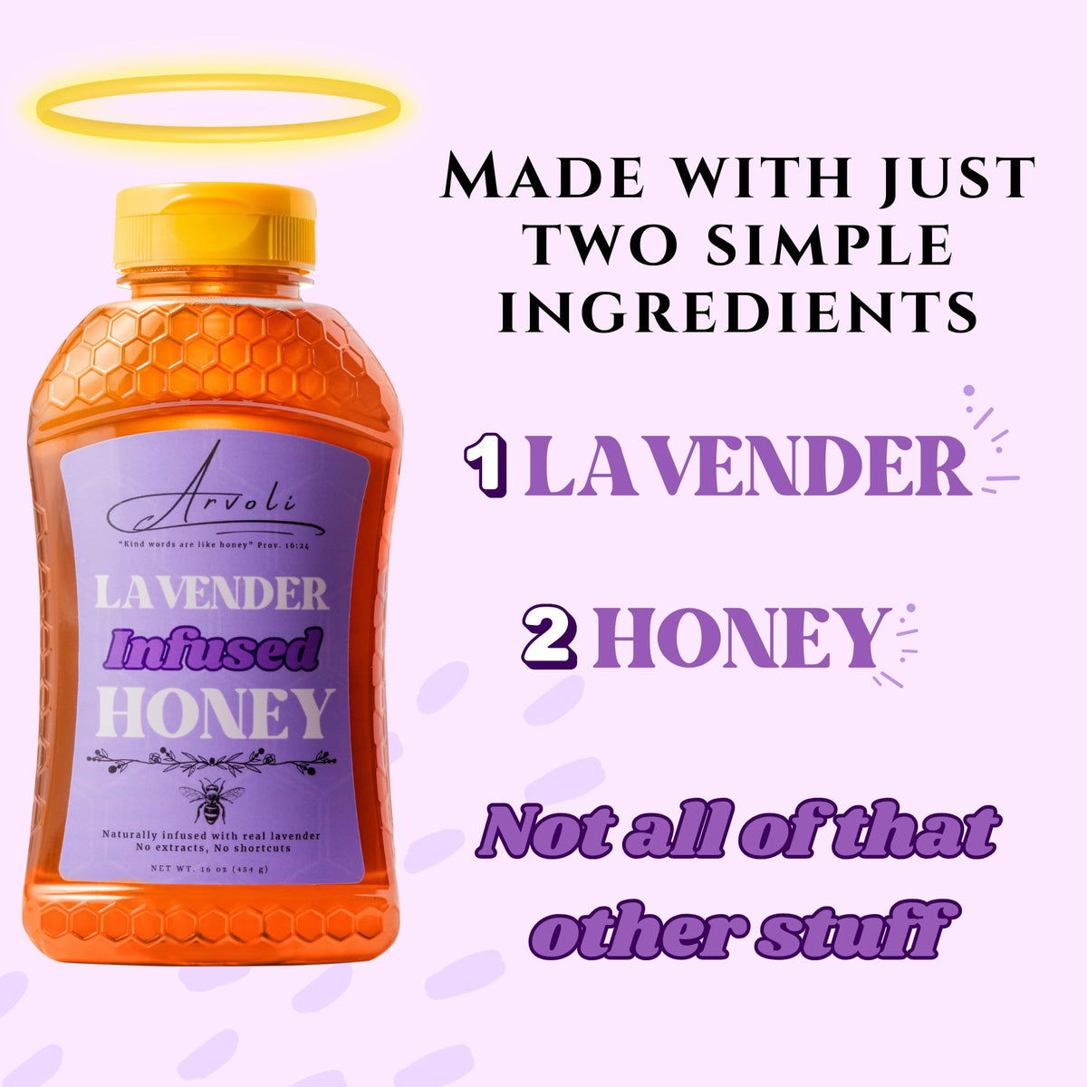 Arvoli Lavender Honey ingredients shot emphasizes two simple ingredients: honey and lavender