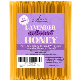Arvoli Lavender Infused Raw Honey Sticks in a pack, ideal for tea flavor enhancement