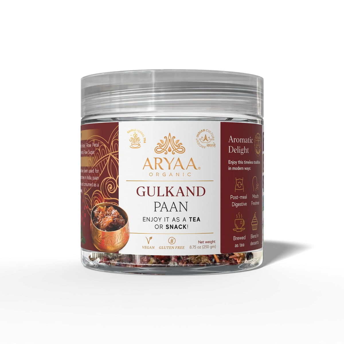 Aryaa Organic Gulkand Paan packaging shows premium, gift-ready presentation