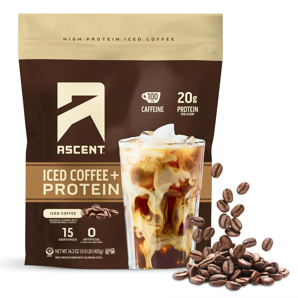 Ascent Iced Coffee Protein Powder bottle boosts energy with Colombian coffee.