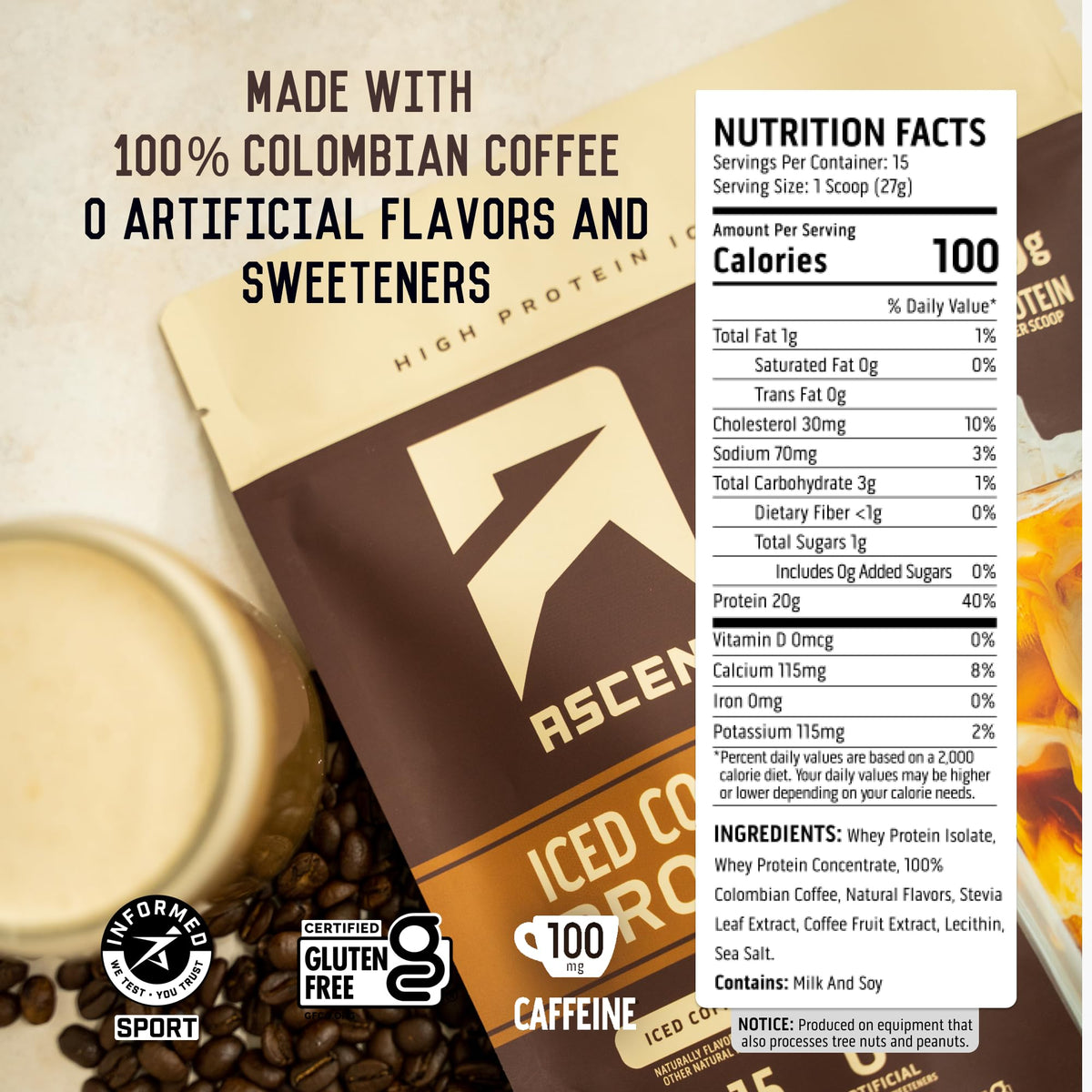 Ascent Iced Coffee Protein Powder cup emphasizes creamy, flavorful protein in every sip.