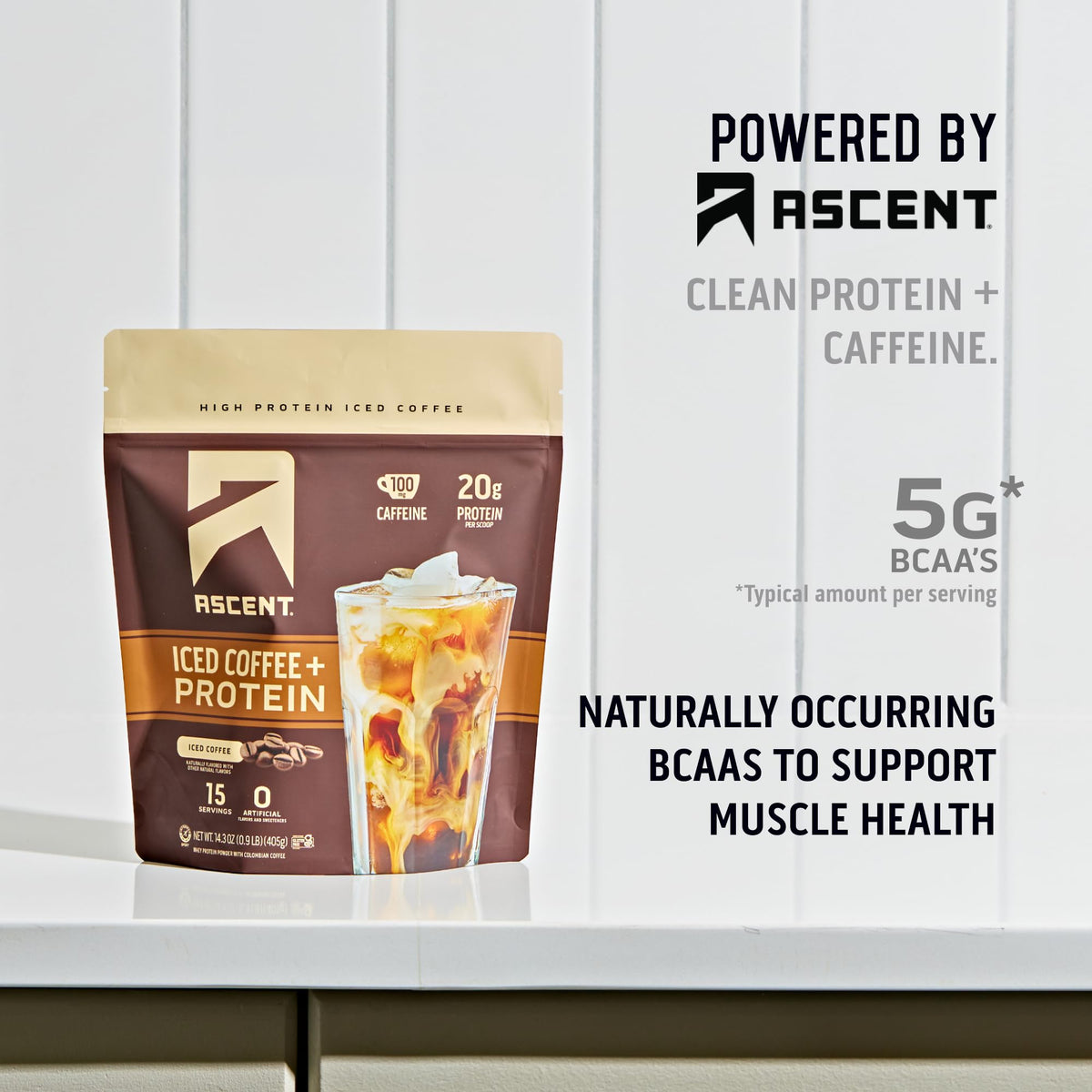 Ascent Iced Coffee Protein Powder ingredients panel confirms Colombian coffee and clean energy sources.