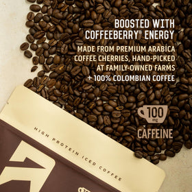 Ascent Iced Coffee Protein Powder packaging highlights natural ingredients and zero artificial additives.