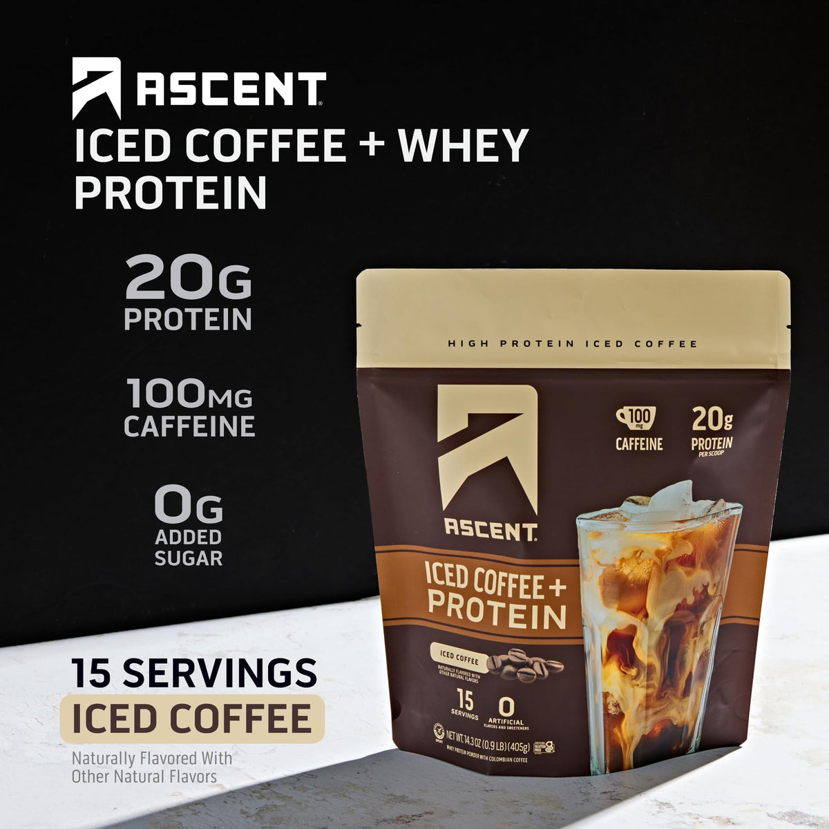 Ascent Iced Coffee Protein Powder pour highlights convenient, fast protein on the go.