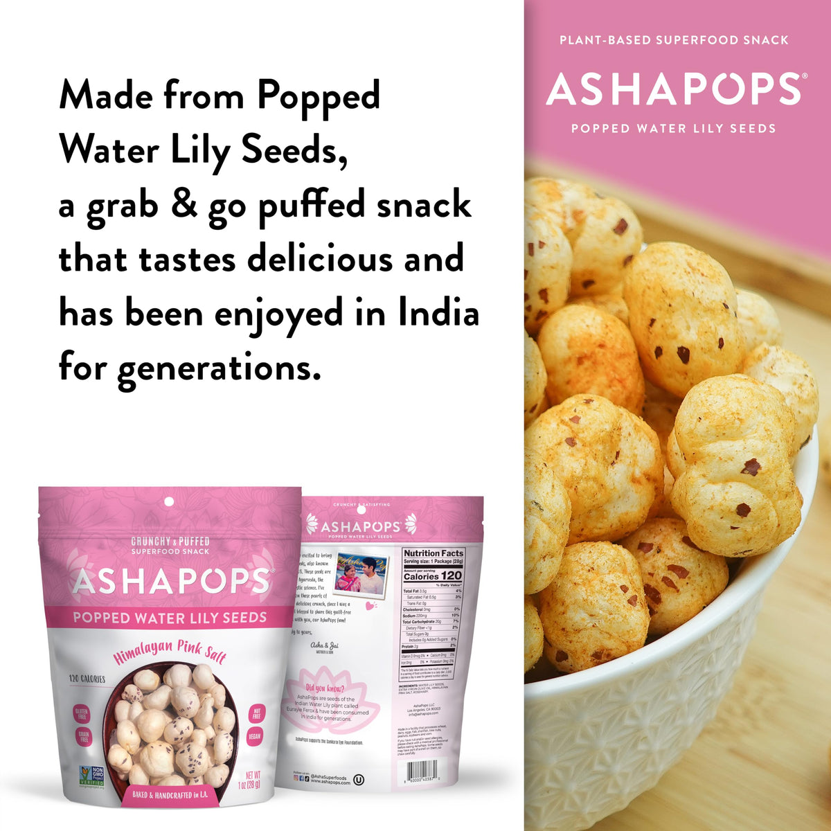 AshaPops crunchy popped seeds deliver crisp texture with Himalayan pink salt.
