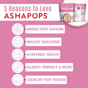 AshaPops ingredients highlight water lily seeds, olive oil, and rosemary for a clean snack.
