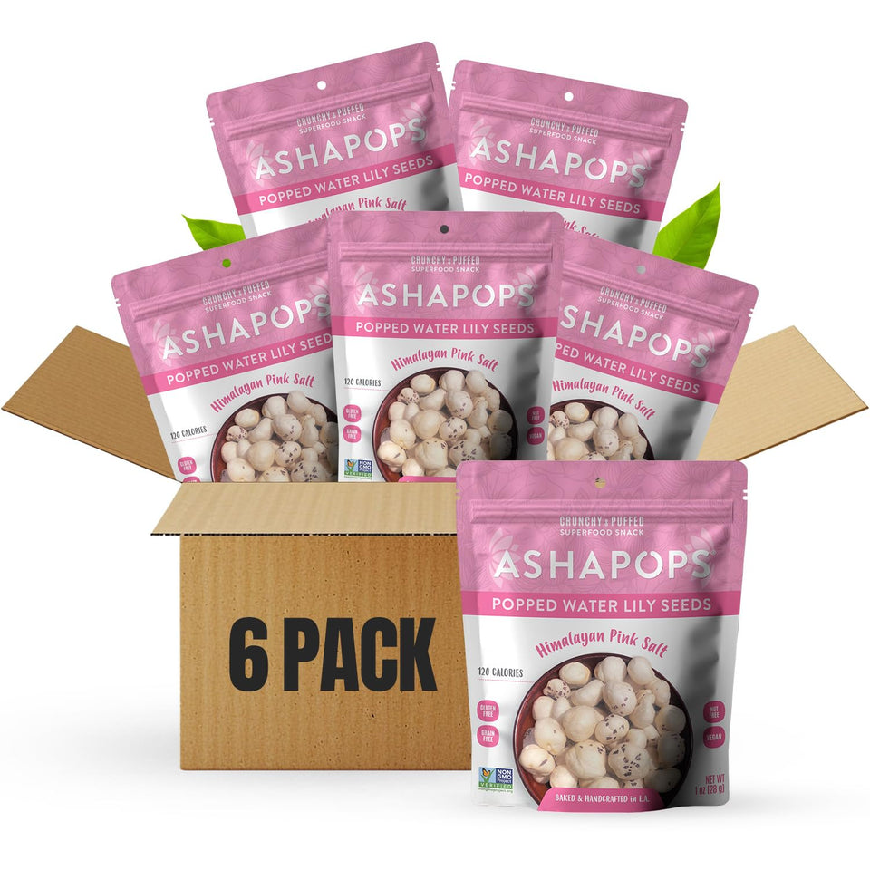 AshaPops packaging shows Himalayan Pink Salt seeds in resealable pouch for convenient snacking.