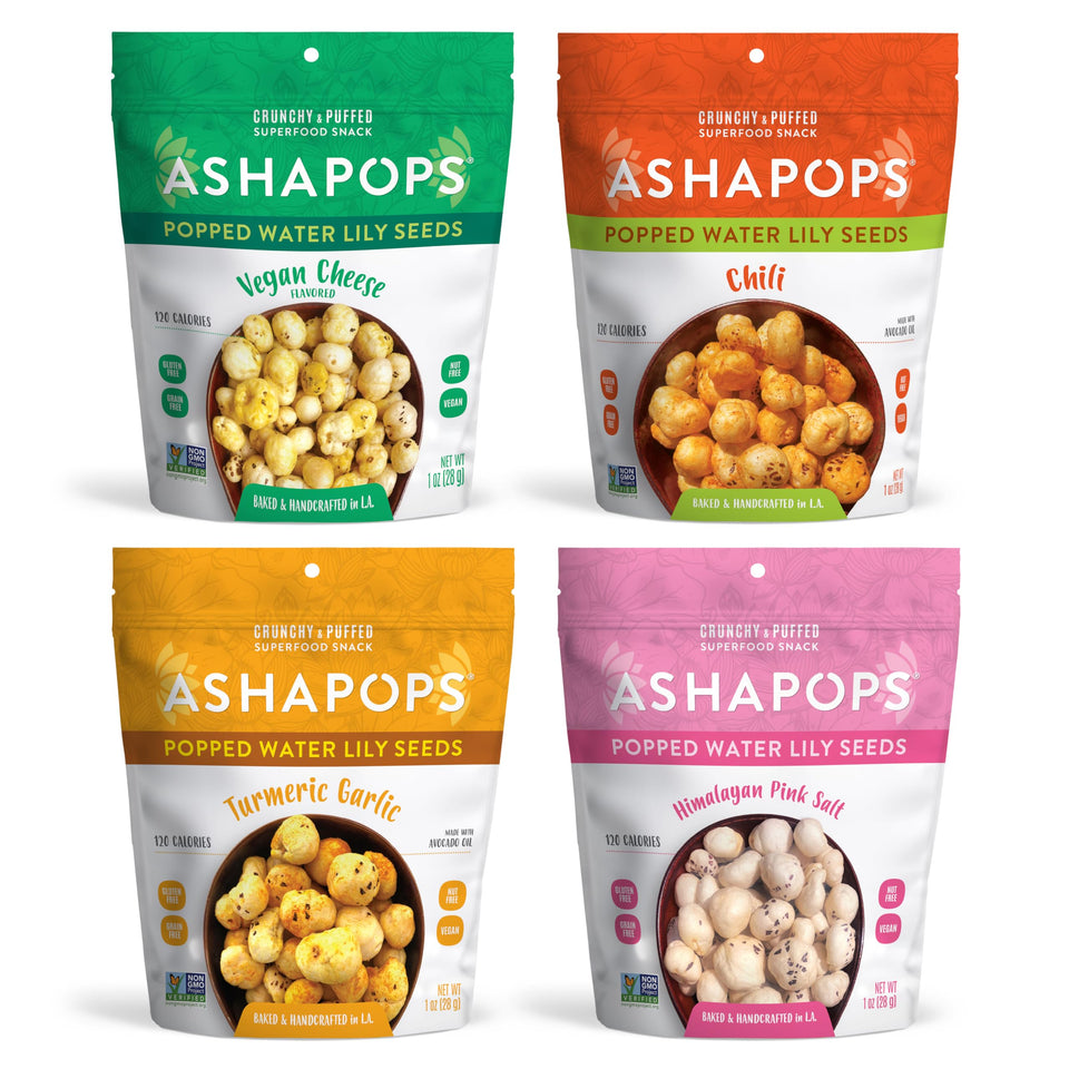 AshaPops variety pack front view with four bags of popped water lily seeds