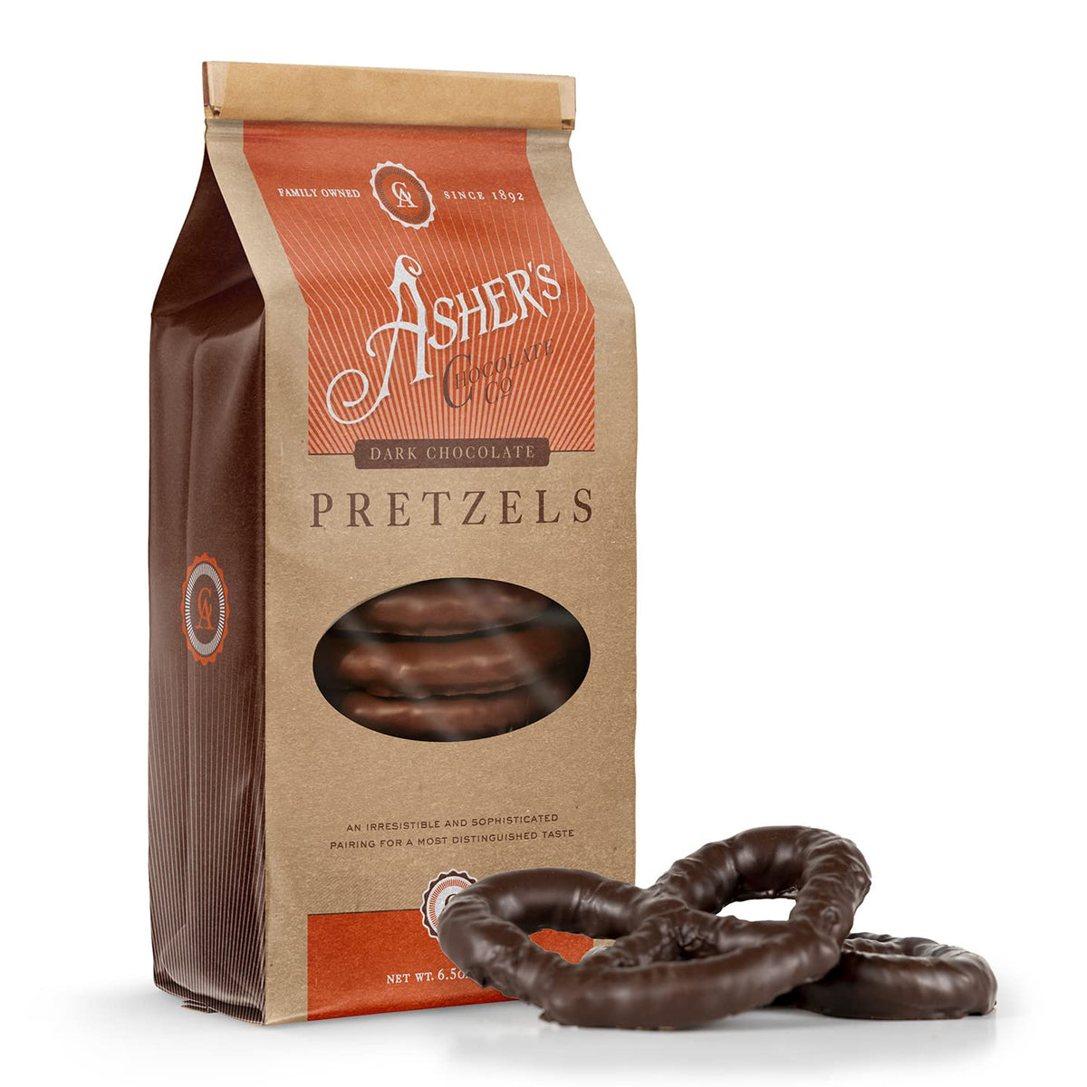 Asher's Chocolates chocolate-covered pretzels in dark chocolate offering rich indulgence and crunch.