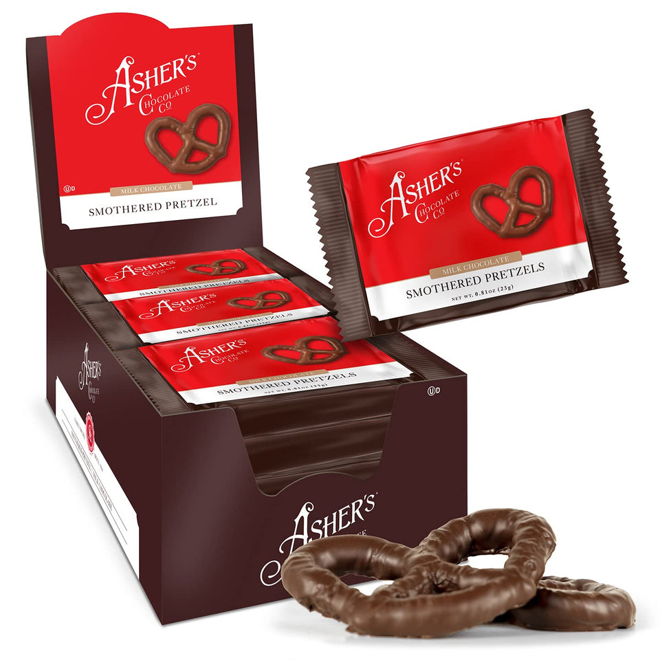 Asher's Chocolates milk chocolate covered pretzels with crisp crunch, ideal for gifting.