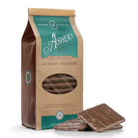 Asher's Chocolates milk chocolate covered graham crackers in a glossy bag for a rich bite