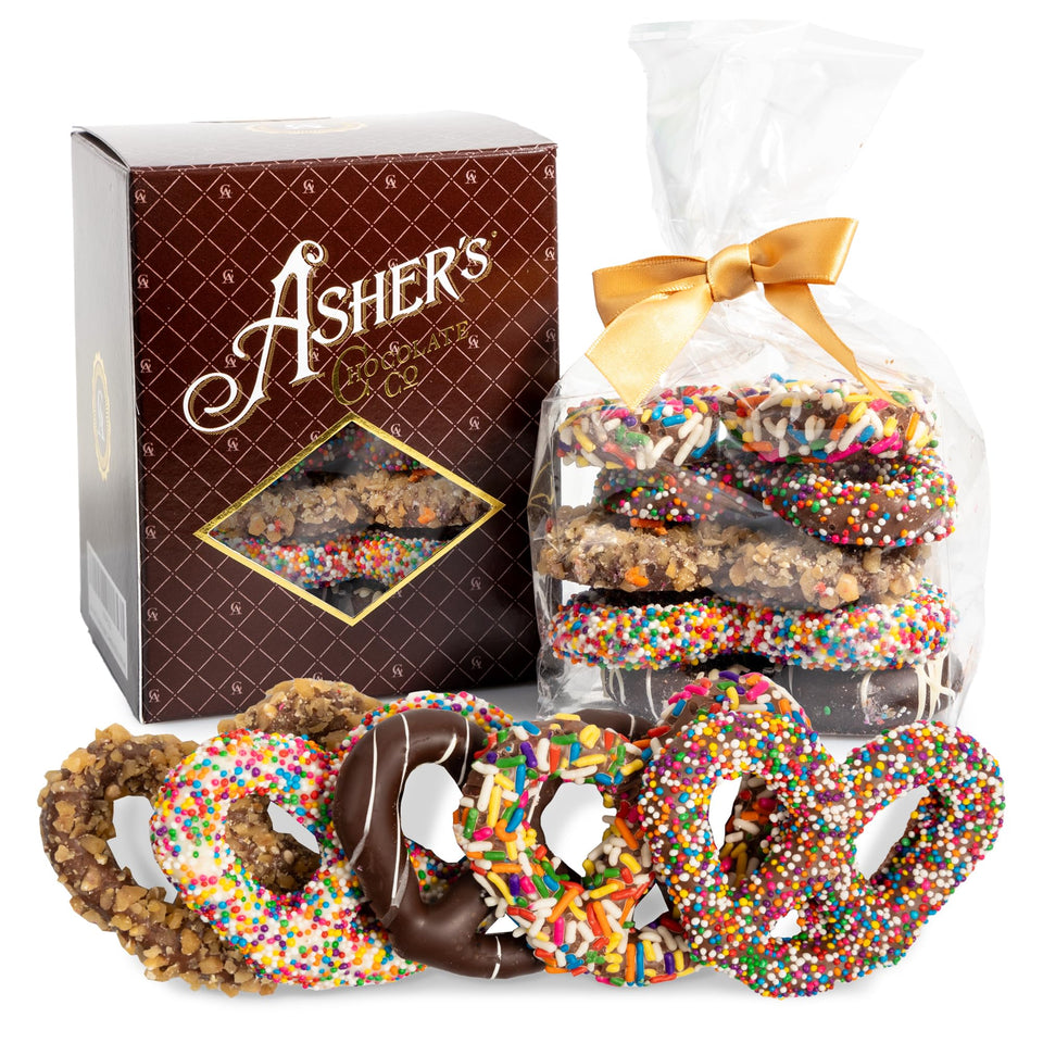 Asher's Chocolates chocolate-covered pretzels gift basket closeup highlighting melt-in-your-mouth sweetness.