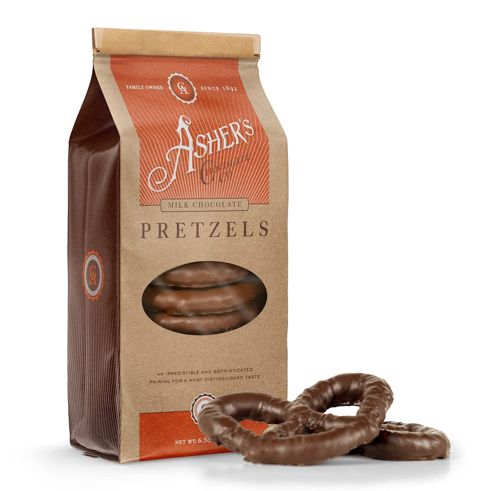 Asher's Chocolates chocolate covered pretzels packaging highlights a premium gift snack.