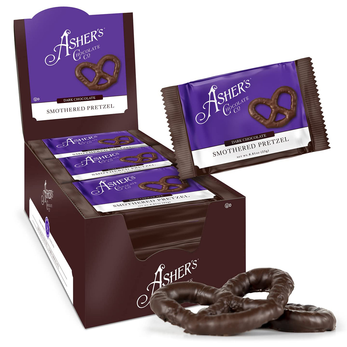 Asher's Chocolates dark-chocolate-coated pretzels offer a crisp, indulgent snack.