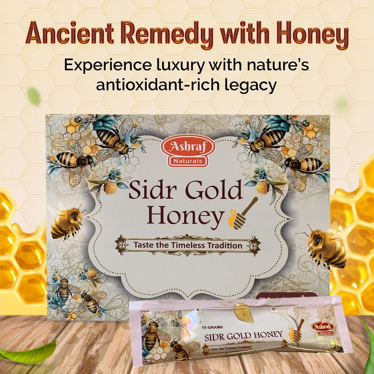 Ashraf Naturals Sidr Gold Honey Sticks single-serve sachets ideal for travel