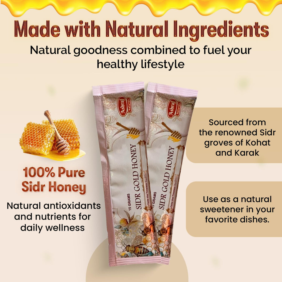 Ashraf Naturals Sidr Gold Honey Sticks close-up texture reveals velvety sweetness