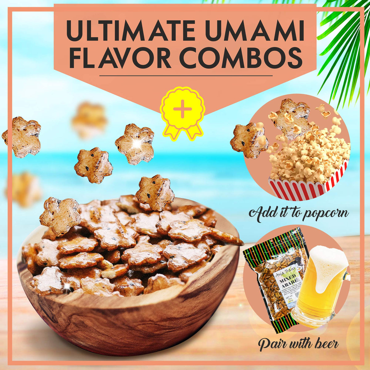Asia Trans Mixed Arare Rice Crackers beach snack setup, ideal for outdoor days.