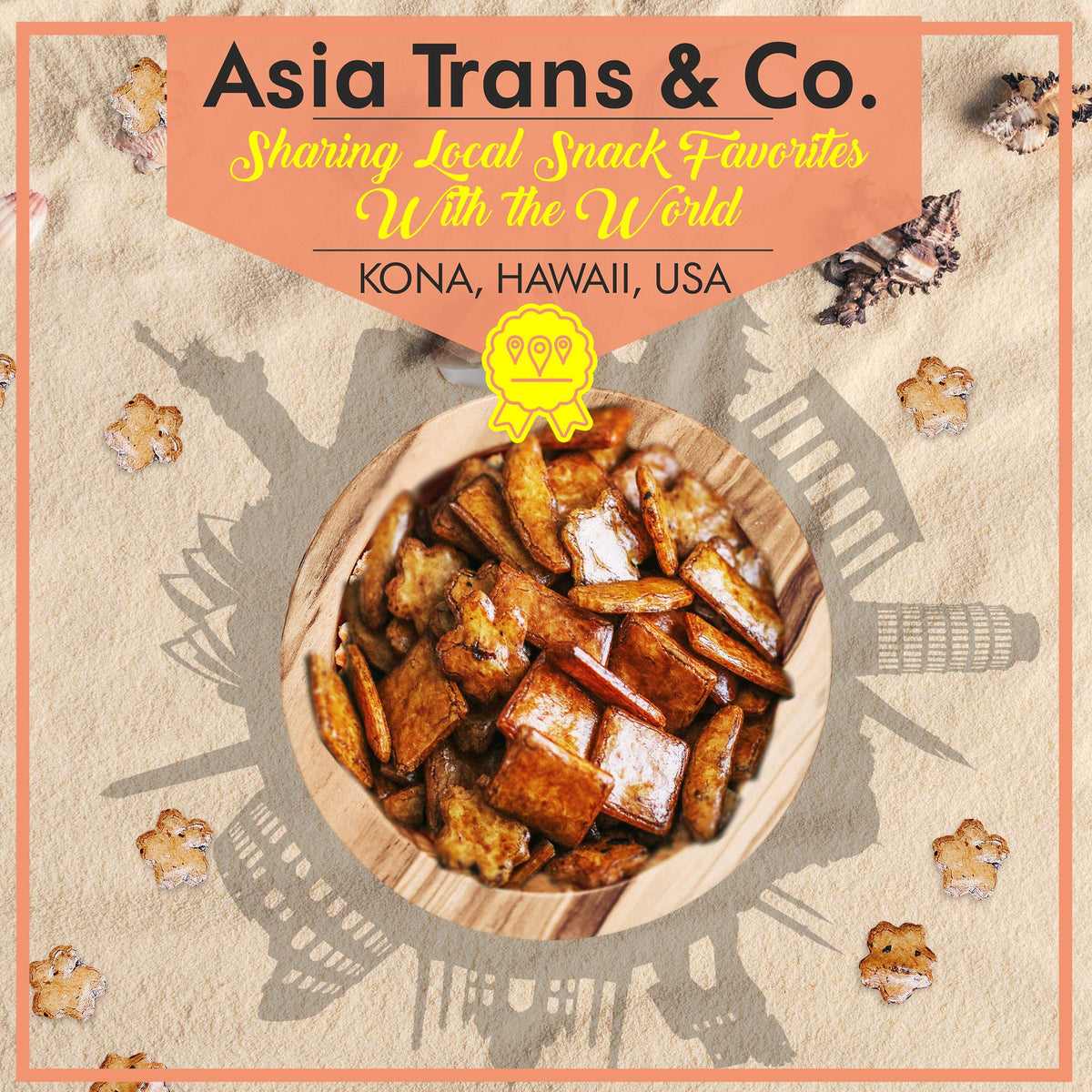 Asia Trans Mixed Arare Rice Crackers Kona packaging, Hawaii-inspired premium snack.