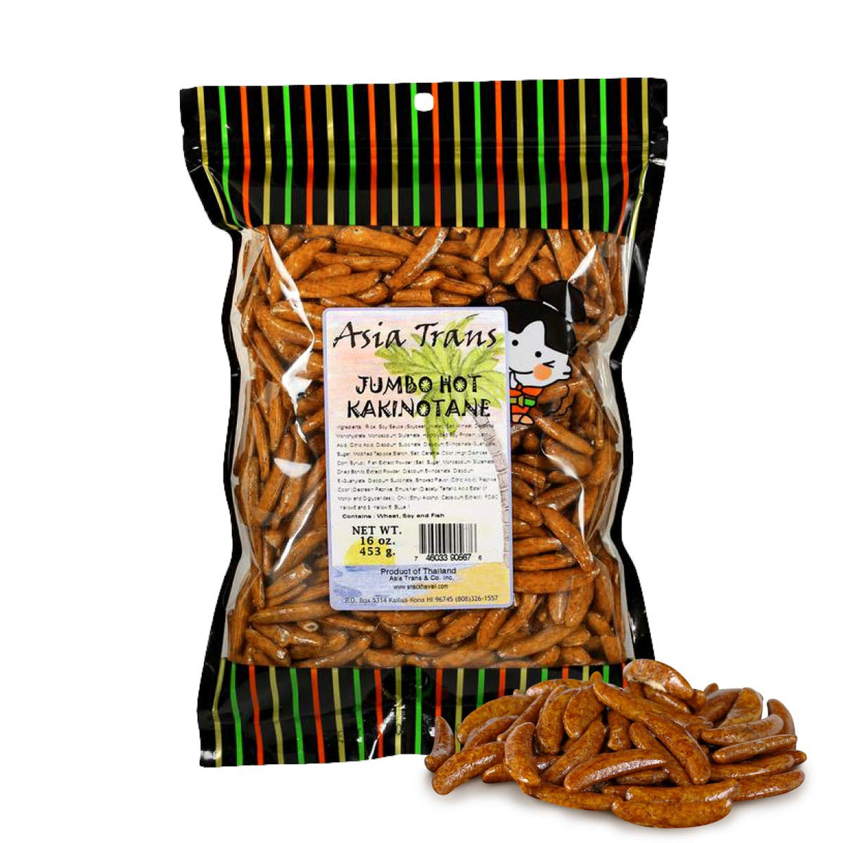 Asia Trans and Co Jumbo Hot Kakinotane Arare packaging close-up, premium snack experience.