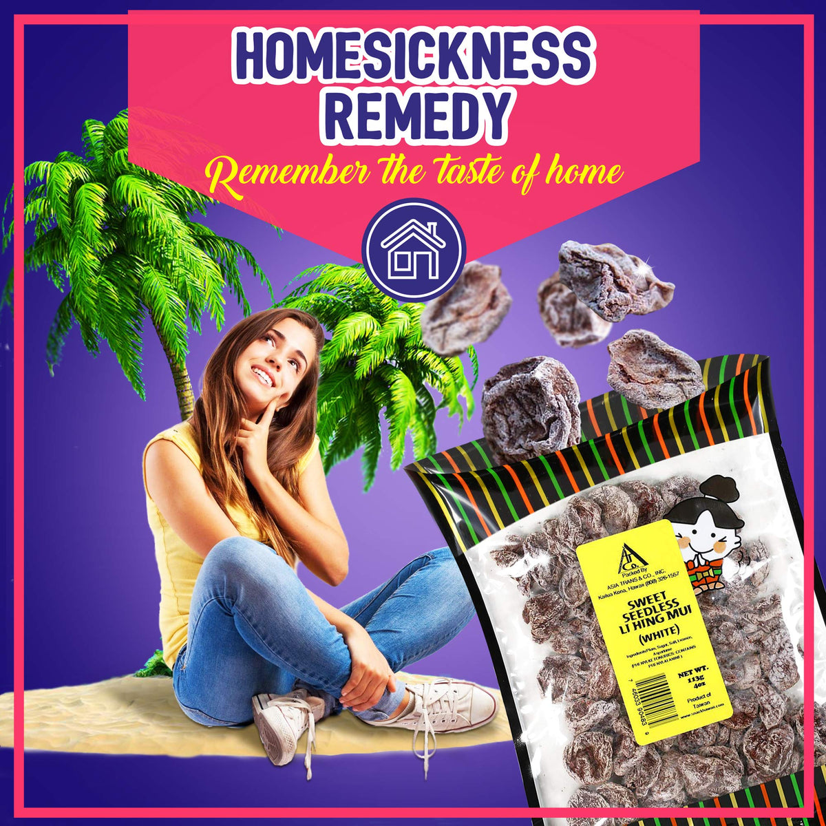 Asia Trans & Co. Sweet Seedless Li Hing Mui sample bite highlighting seedless convenience.