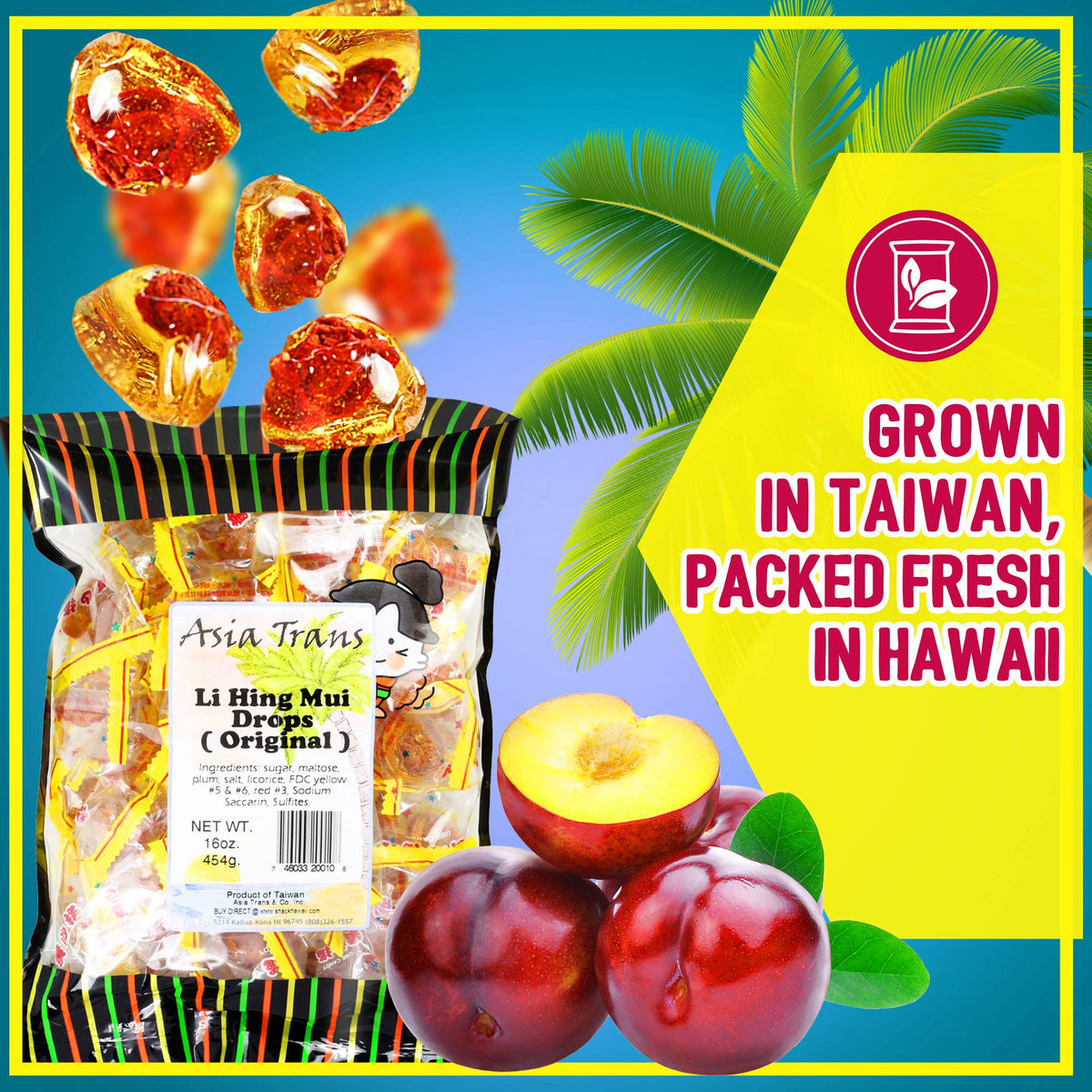Asia Trans Golden Plum Crack Seed Drops originate in Taiwan and are packed in Hawaii.