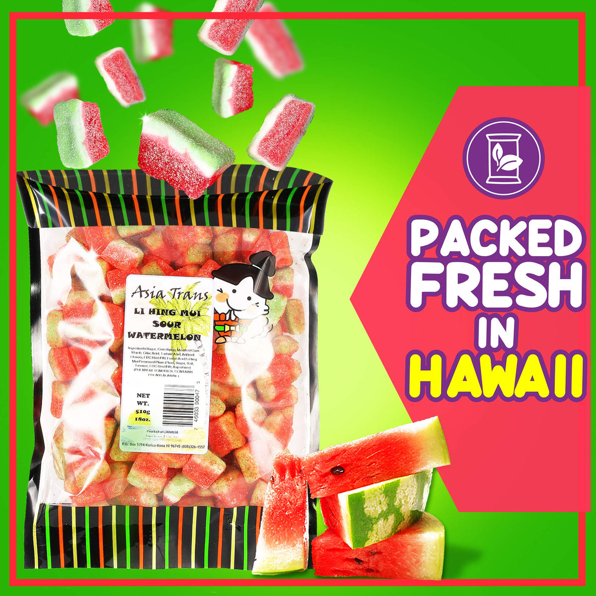 Packaging design highlights Hawaii origin and island snack vibes.