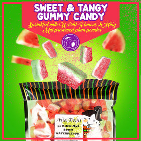 Close-up of Li Hing Mui plum powder sprinkled on gummies.
