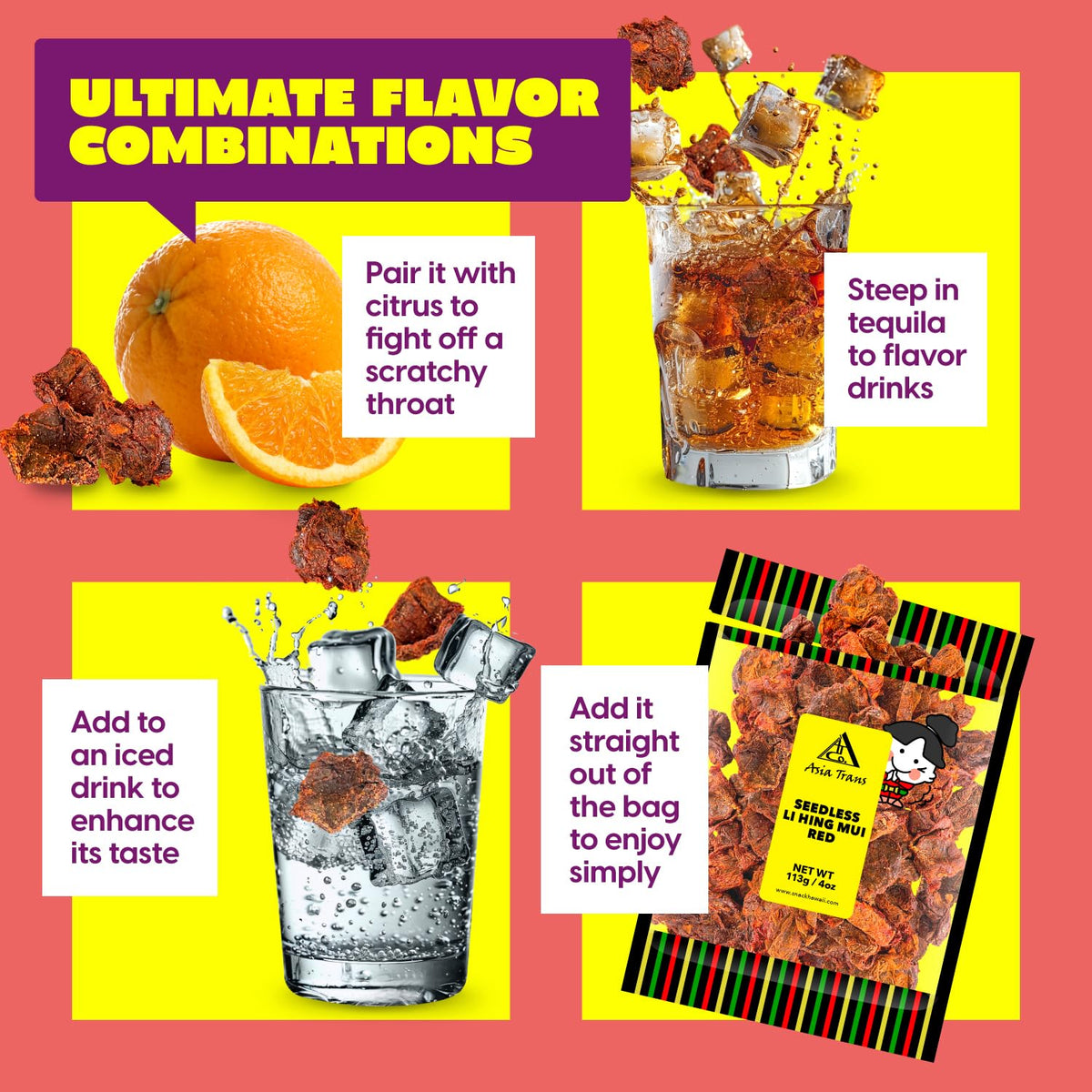 Asia Trans Li Hing Mui plums snack bag, convenient on-the-go treat with bold flavor.