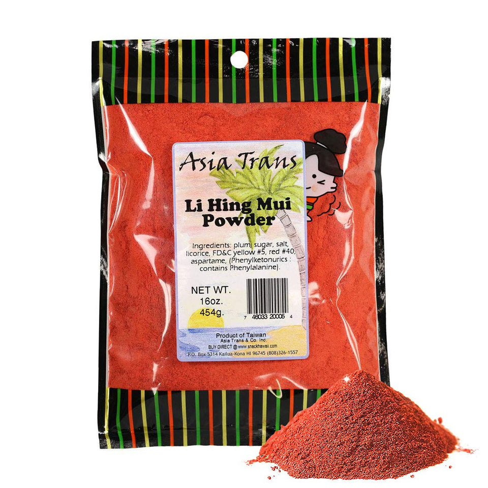 Asia Trans Li Hing Mui powder bottle closeup for snack enhancement.