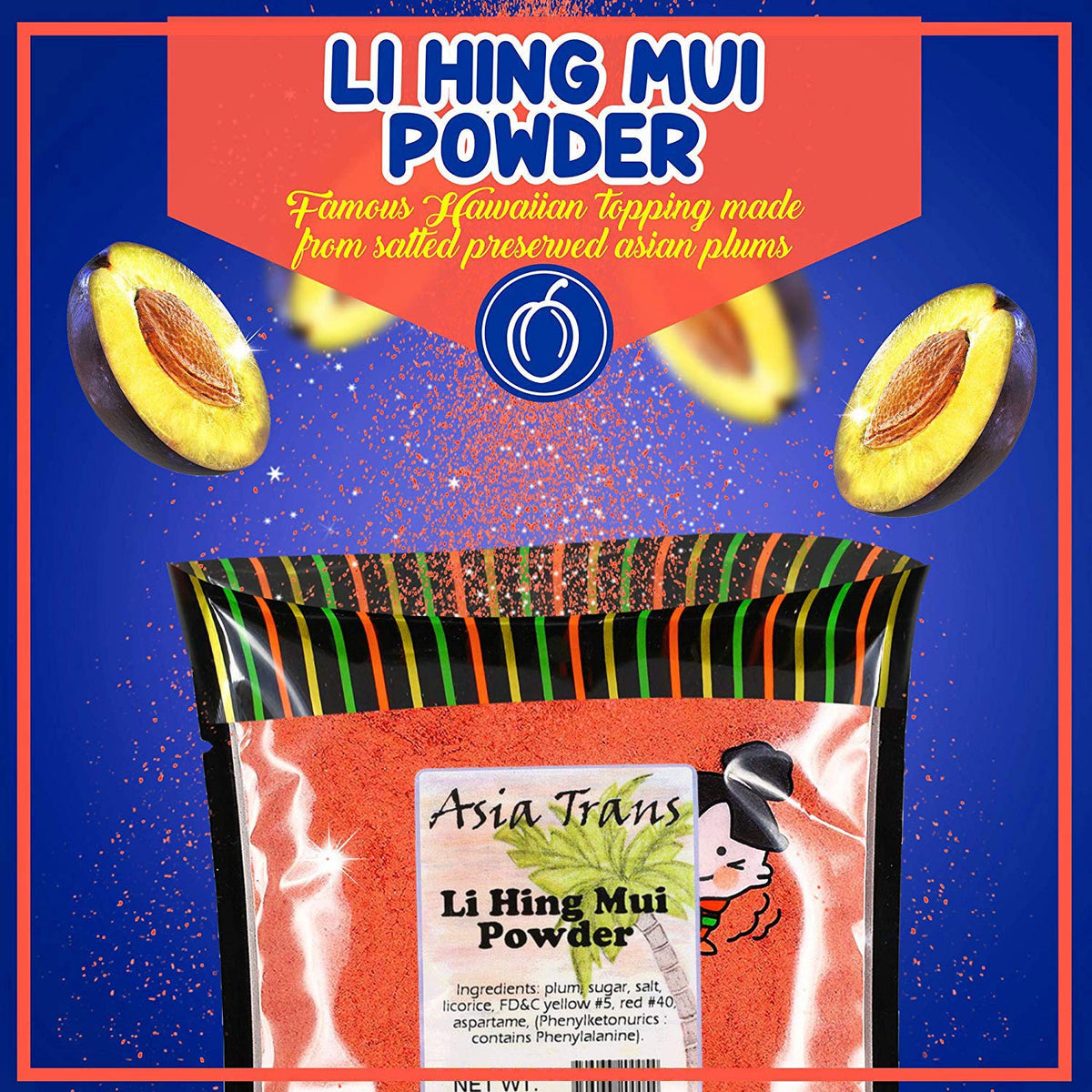 Asia Trans Li Hing Mui powder label closeup highlighting authentic Hawaiian flavor.