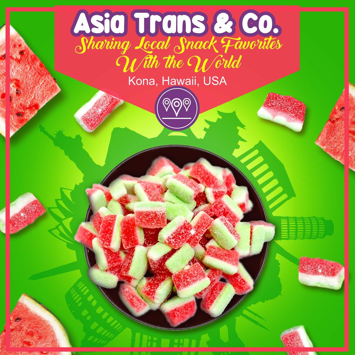 Gummies arranged with a tropical backdrop suggesting Hawaii origins.
