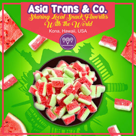 Gummies arranged with a tropical backdrop suggesting Hawaii origins.