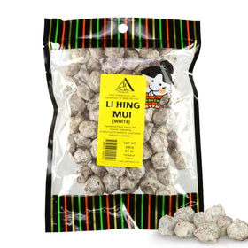Asia Trans Seeded White Li Hing Mui crack seed plums bag closeup for salty sour snacking